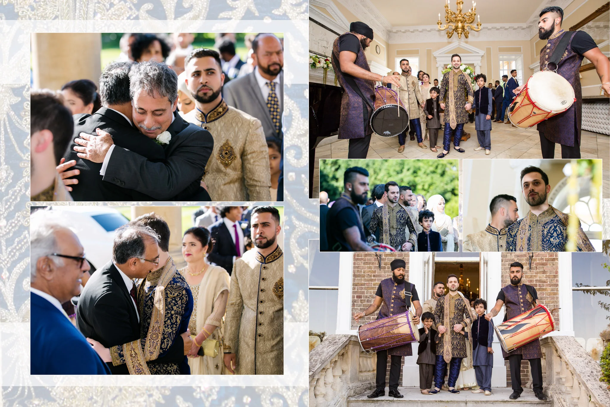 A collage of photos from a wedding procession featuring drummers, family members embracing, and the groom with relatives and guests.