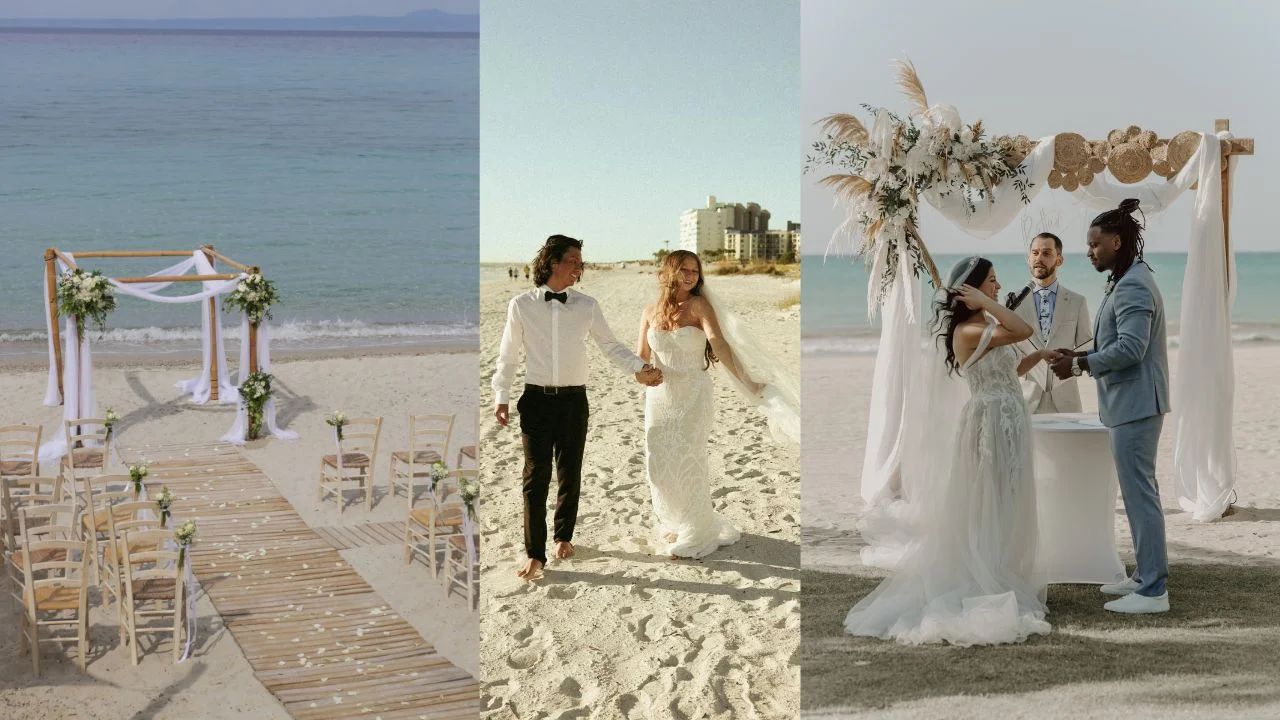 A collage of three beach wedding scenes: a serene oceanfront setup with chairs and an altar, a couple joyfully walking hand in hand on the sand, and a bride and groom exchanging vows under a floral arch near the sea.