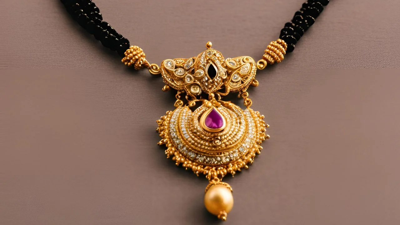 Gold mangalsutra with black beads and a pearl pendant.