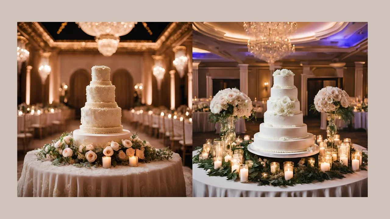 Wedding cakes with floral arrangements and candles.