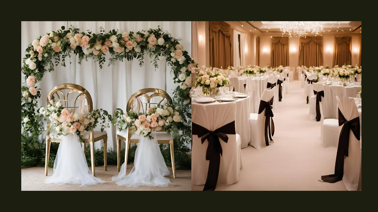 A floral arch with chairs and a reception hall with tables and chairs.