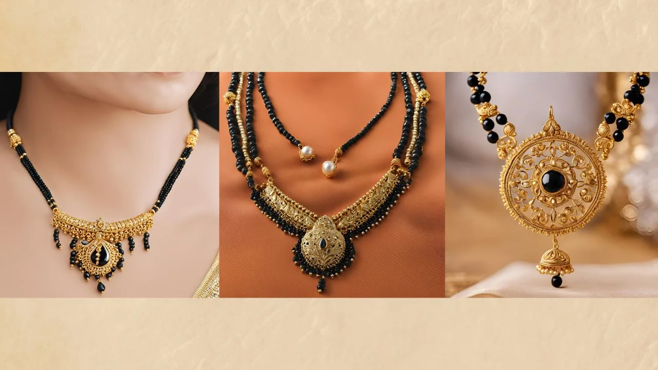 Gold plated mangalsutra with American diamonds and black beads.