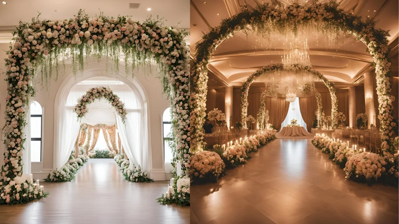 Two images showcasing stunning wedding ceremony decor. The left image features a floral archway with cascading greenery and flowers, while the right image shows a grand floral archway with a chandelier and candlelit aisle.