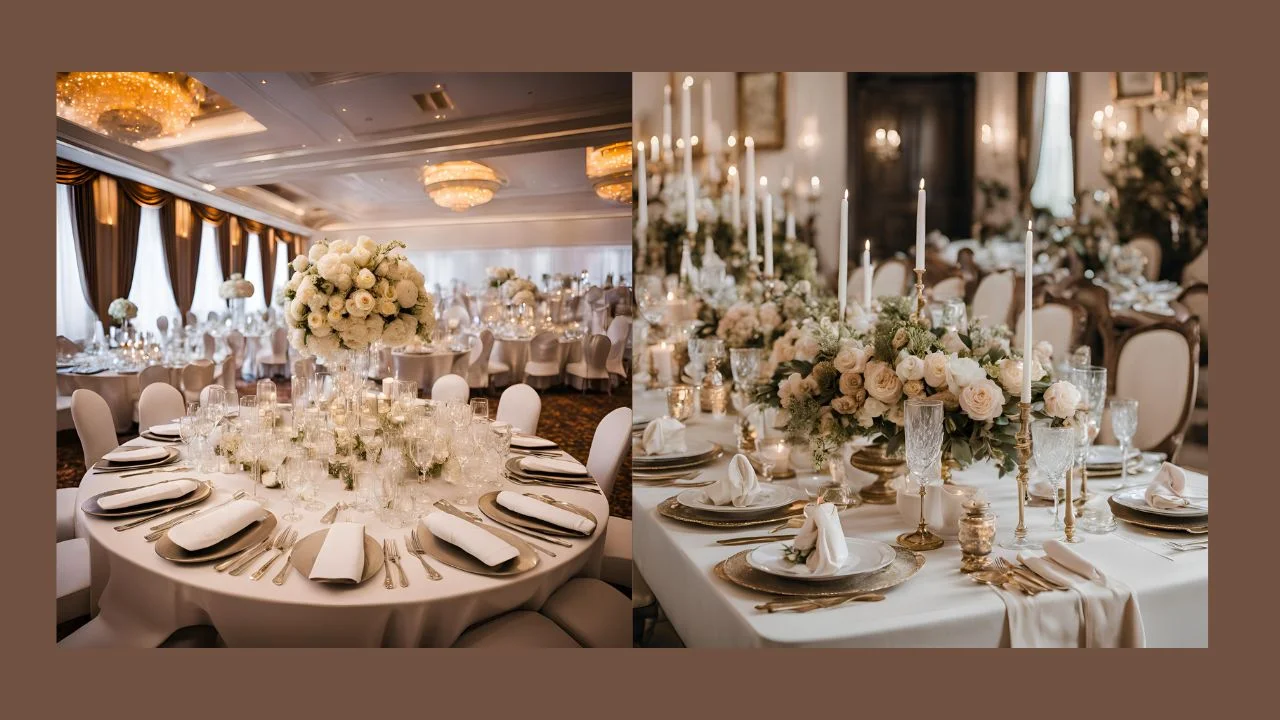 Wedding reception tables with floral centerpieces, candles, and gold accents.