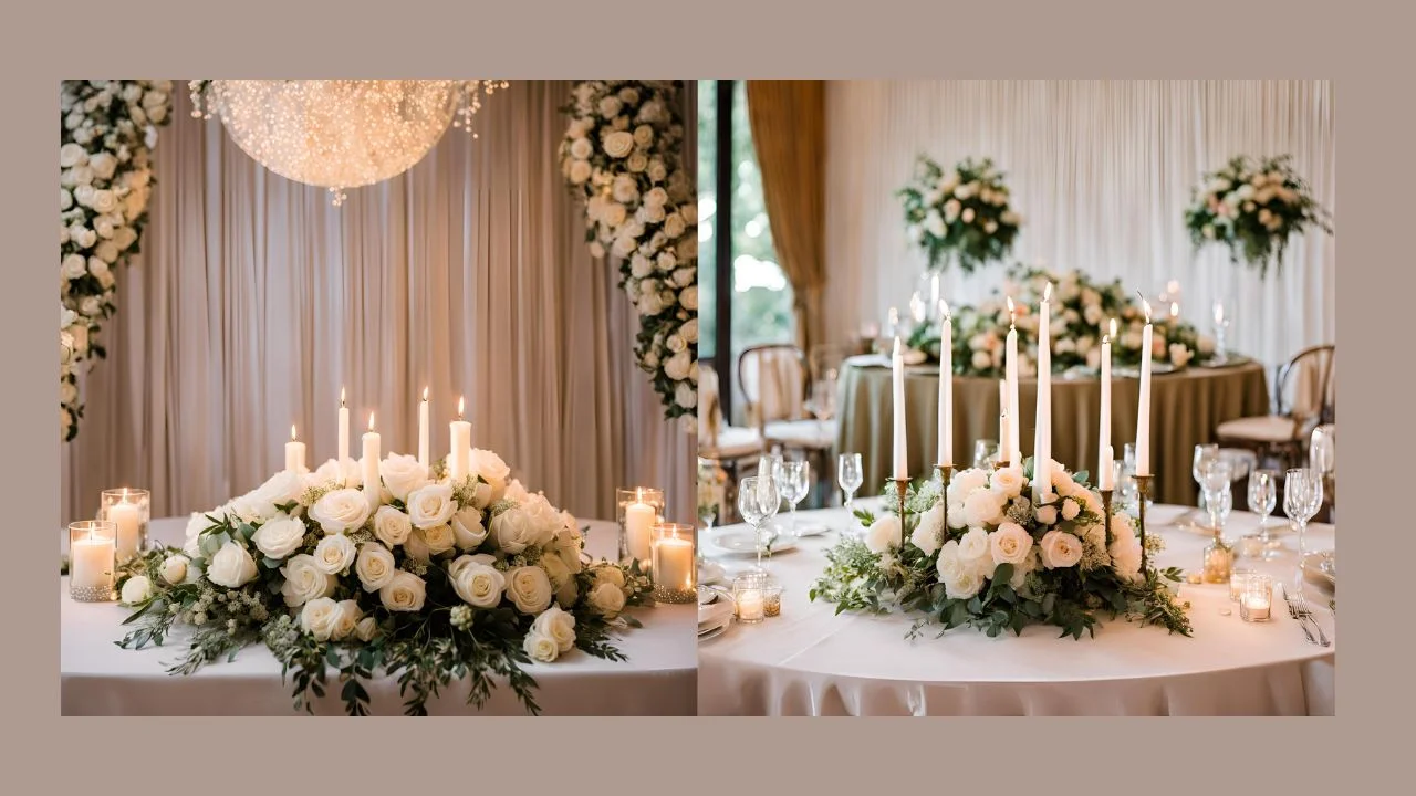 Wedding table centerpieces with white roses, greenery, and candles.