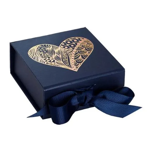 A navy blue gift box with a gold heart design and a navy blue ribbon.