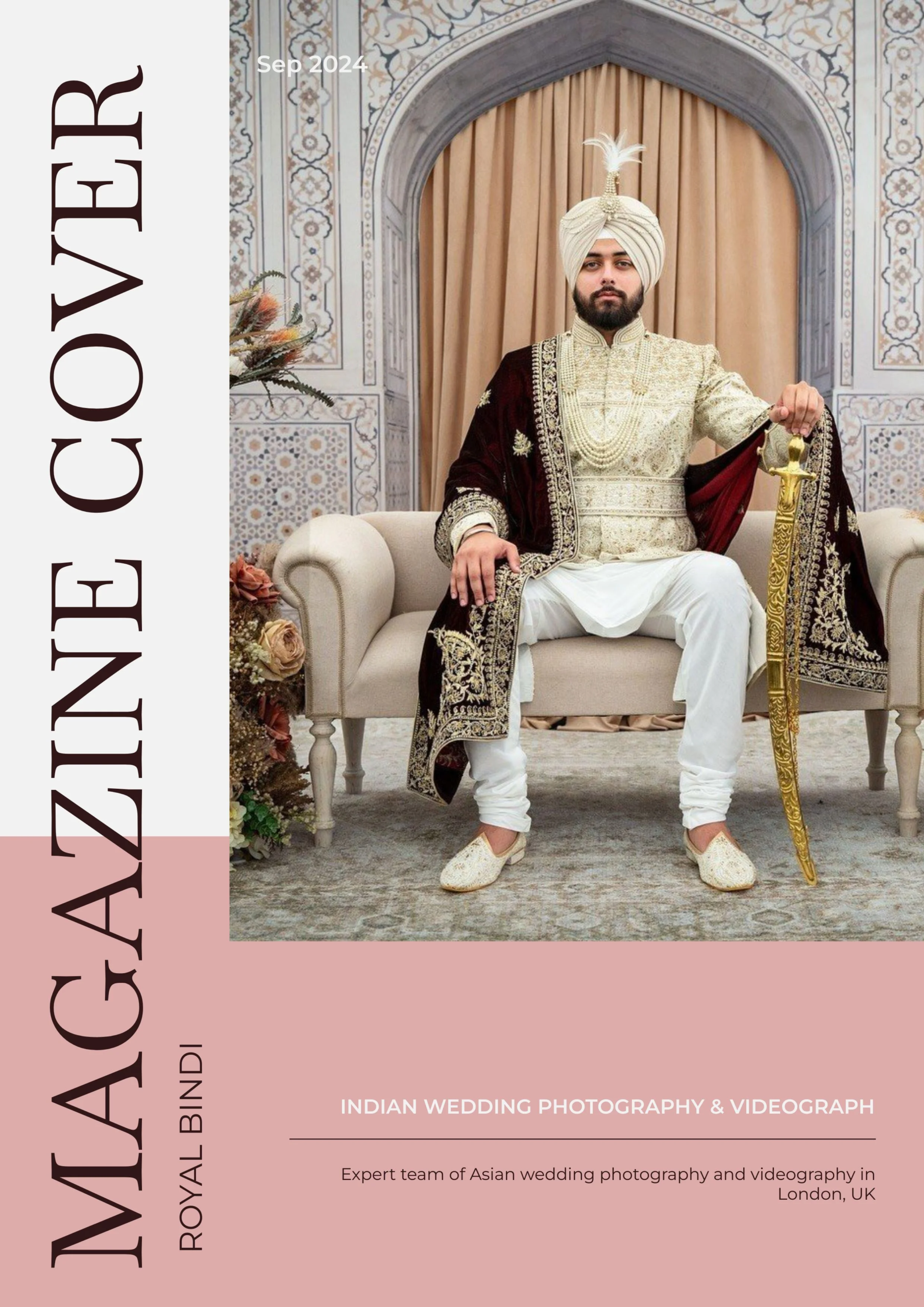 Indian groom in traditional attire seated with a sword, photographed by Royal Bindi.