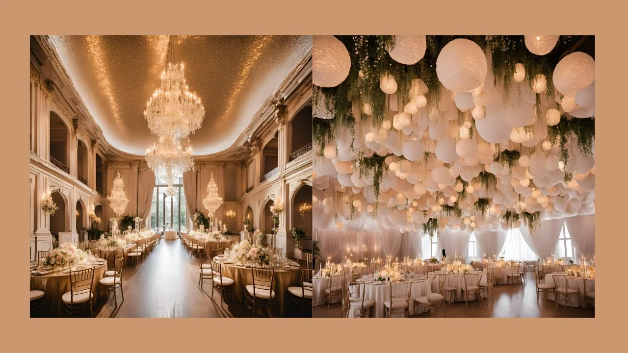 Wedding reception venues with chandeliers, paper lanterns, and table settings.