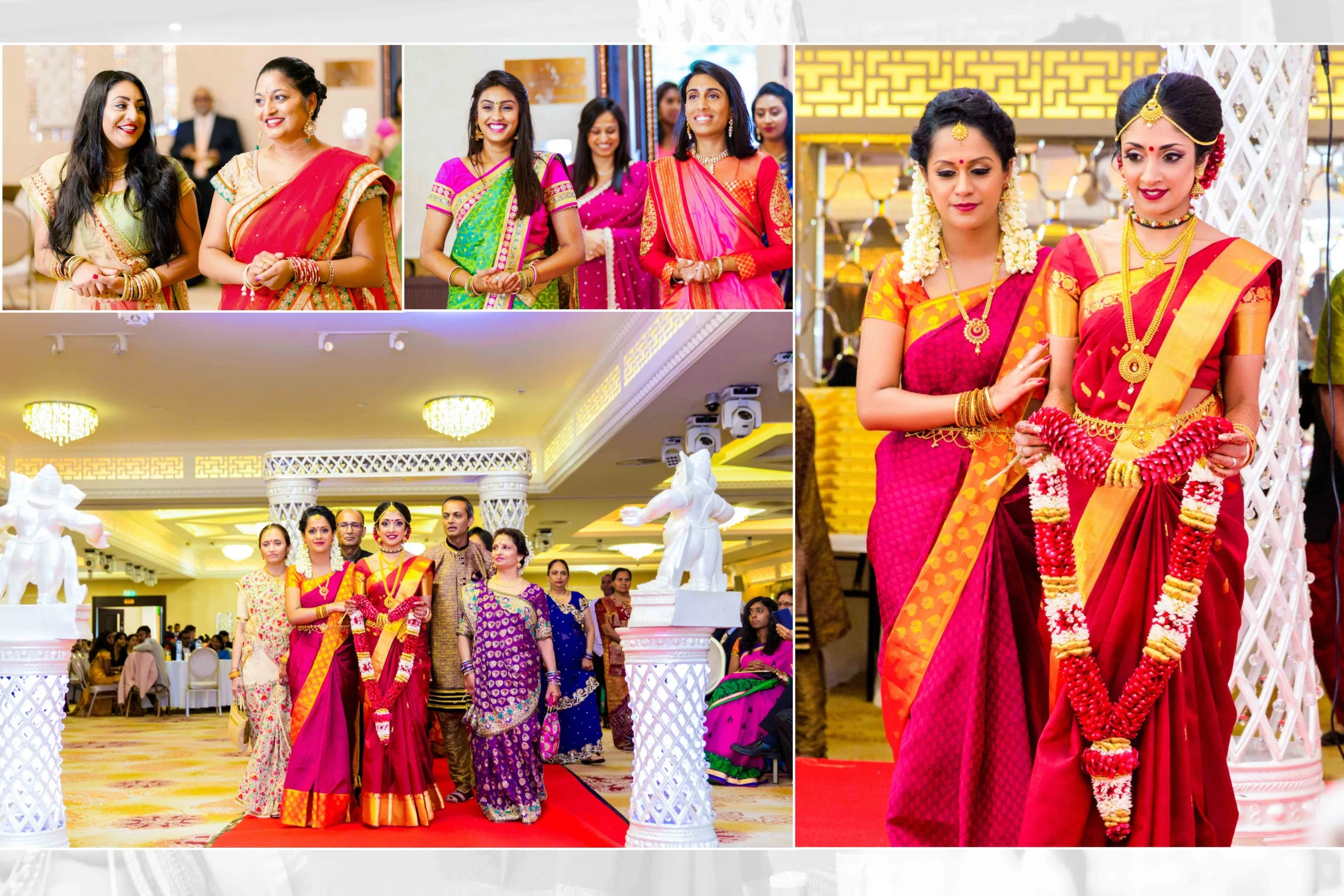 A collage of photos from a Hindu wedding ceremony showing women in colorful saris, family members, and the bride with her relatives.