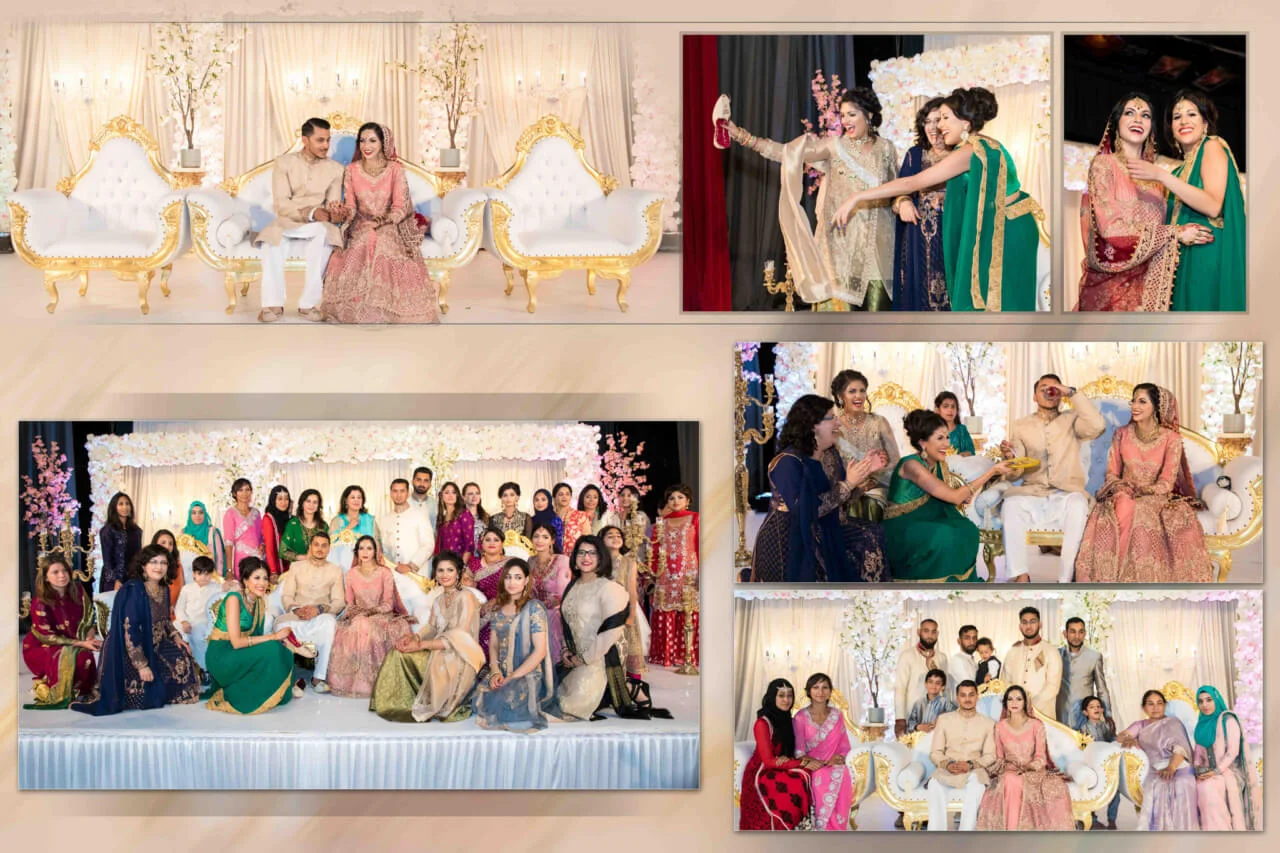 Bride and groom on stage with family, celebrating a traditional wedding.