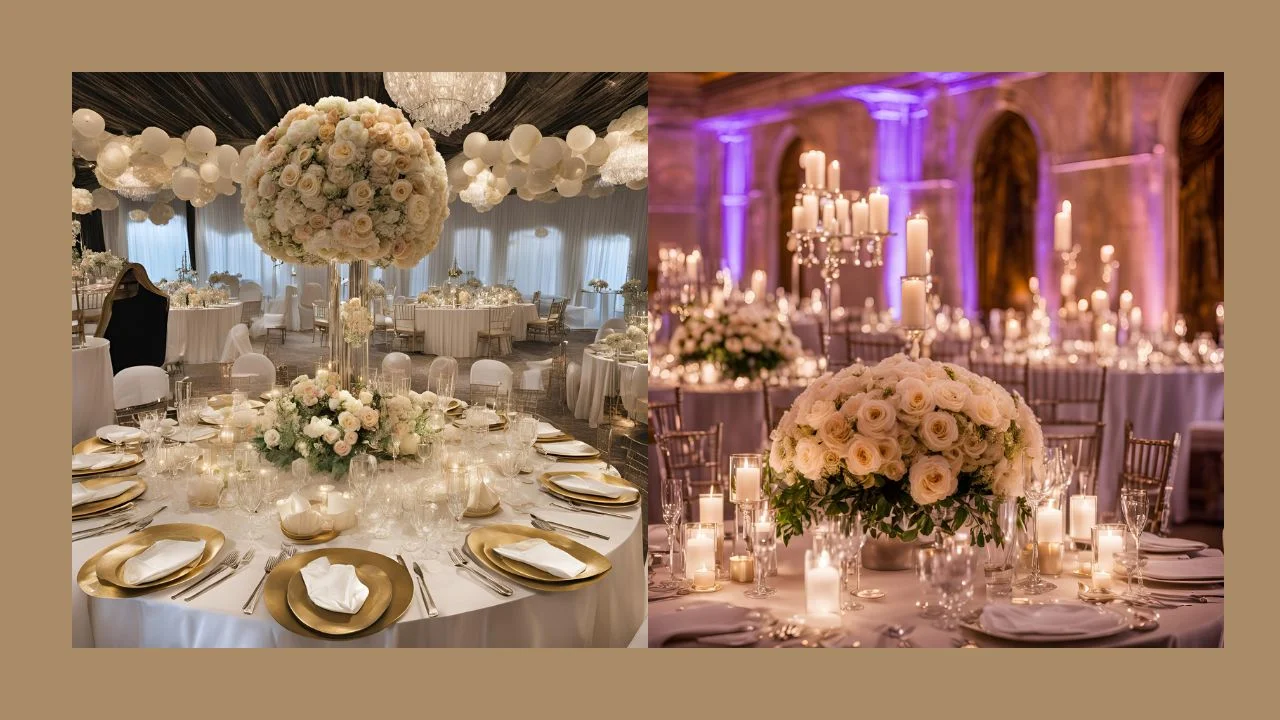 Elegant wedding reception table settings with floral centerpieces, candles, and gold accents.