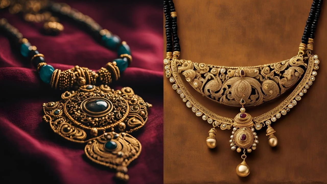 Two gold mangalsutras with black beads and intricate designs.