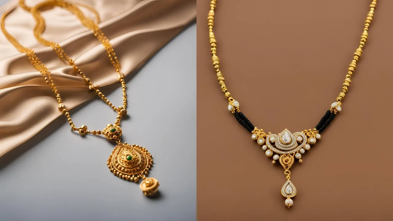 Gold plated mangalsutra with American diamonds and black beads.