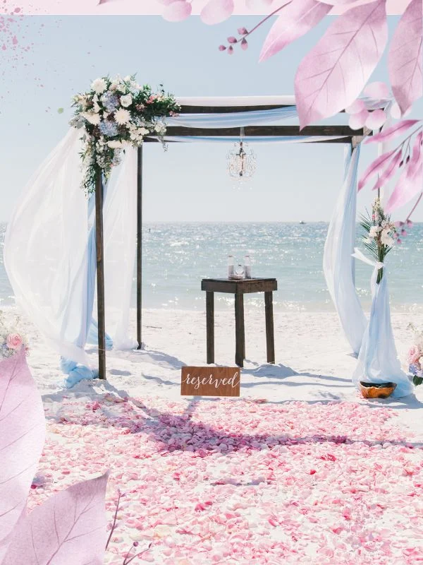 A beach wedding setup with a floral arch, table, and rose petals.