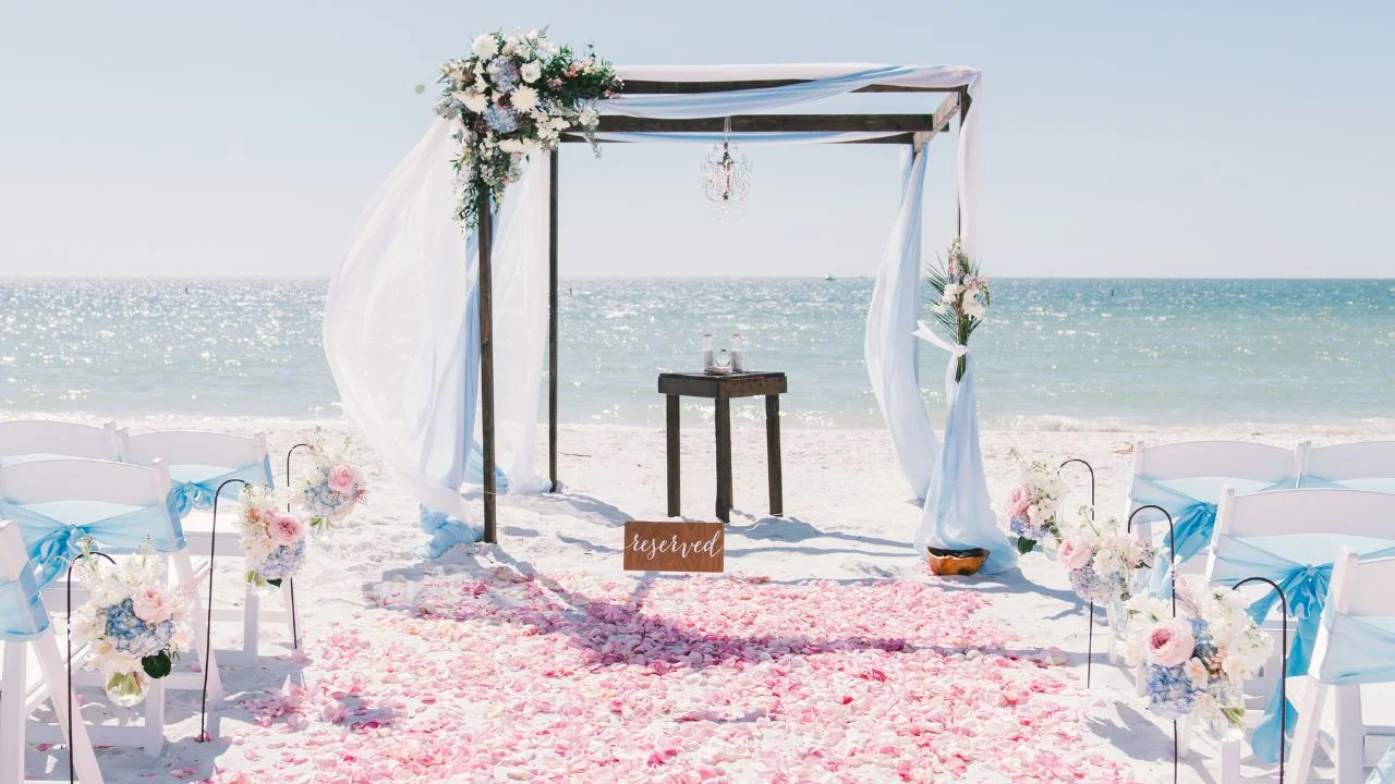 A beach wedding setup with white chairs, a floral arch, and rose petals on the aisle.