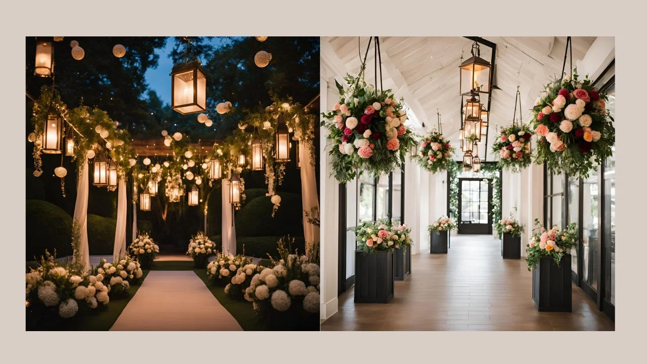 Outdoor wedding decor with lanterns, floral arrangements, and a walkway.