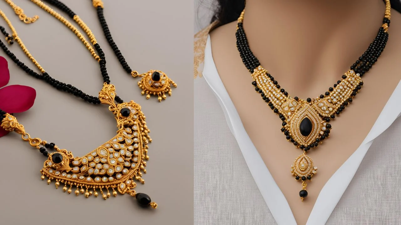 Gold plated mangalsutra set with American diamonds and black beads.