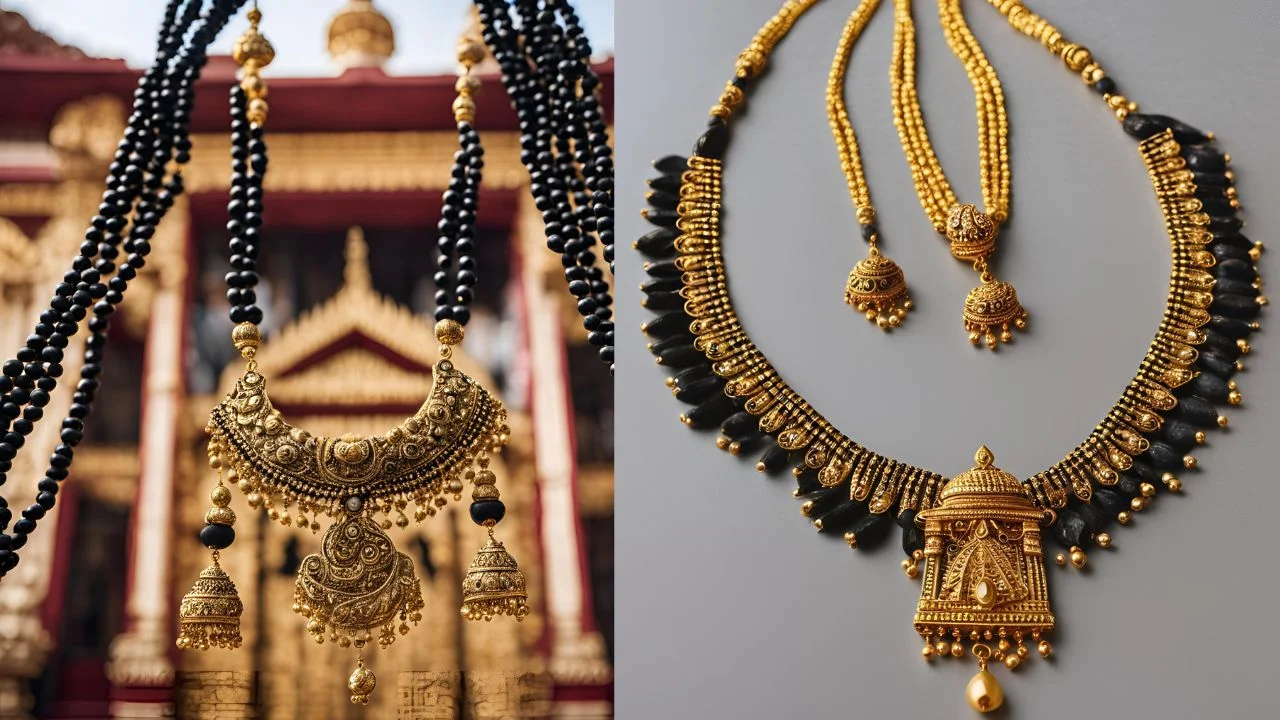 Gold plated mangalsutra set with American diamonds, black beads, and matching earrings.