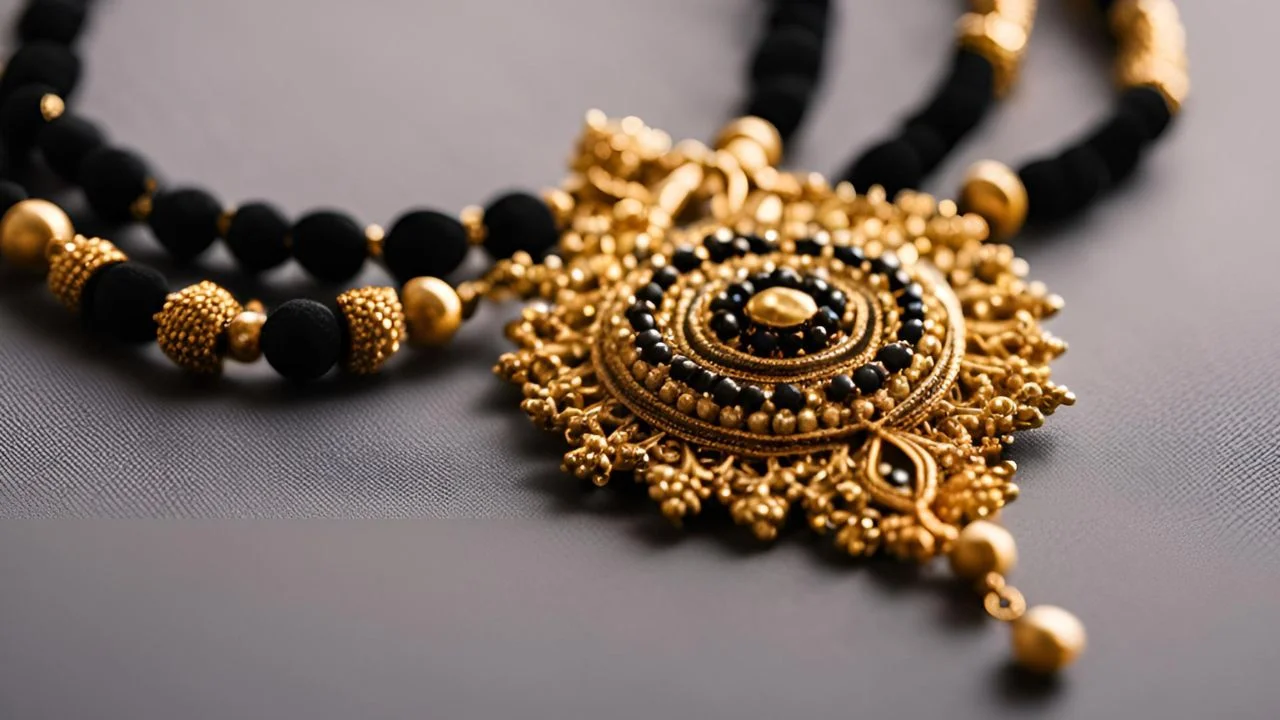 Gold plated mangalsutra with black beads and American diamond pendant.