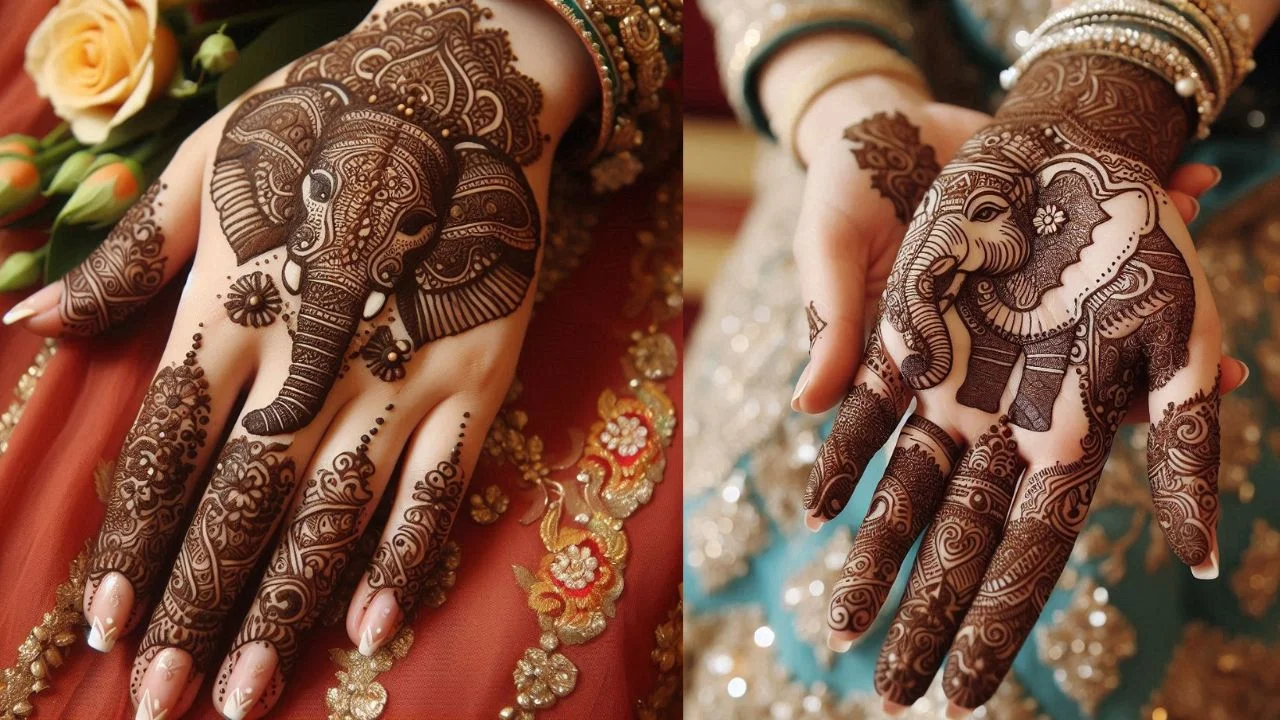 A collage of two images showing a woman's hands adorned with intricate Elephant mehndi designs.