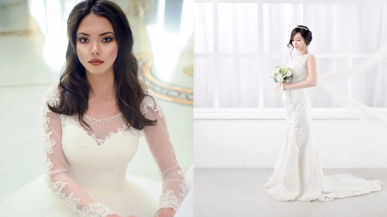 Two brides in elegant wedding gowns: one with intricate lace sleeves and a soft, glamorous look, and the other in a sleek, sleeveless dress holding a bouquet in a minimalistic white setting.