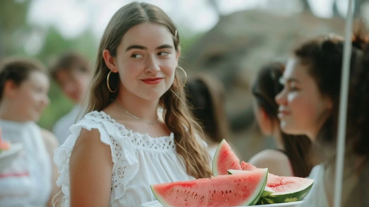 Woman in a white dress smiling while holding a plate of watermelon slices at a summer party with people in the background.