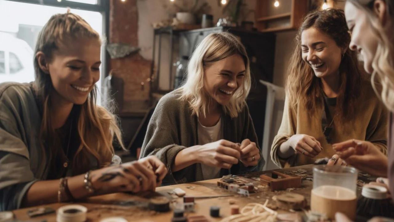 A group of women smiling and laughing while working on crafts together at a cosy workshop setting, with art supplies spread on the table.