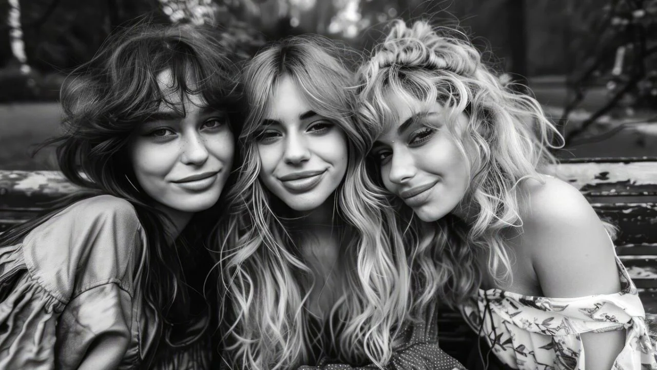 Three friends, two with dark hair and one with blonde, smiling happily at the camera. They are all close together, suggesting friendship and affection. They appear to be outside, with a wooden bench behind them.