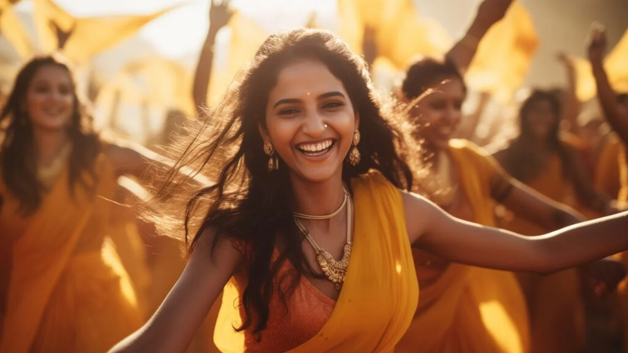 A woman in a yellow sari smiles broadly as she dances with a group of people.