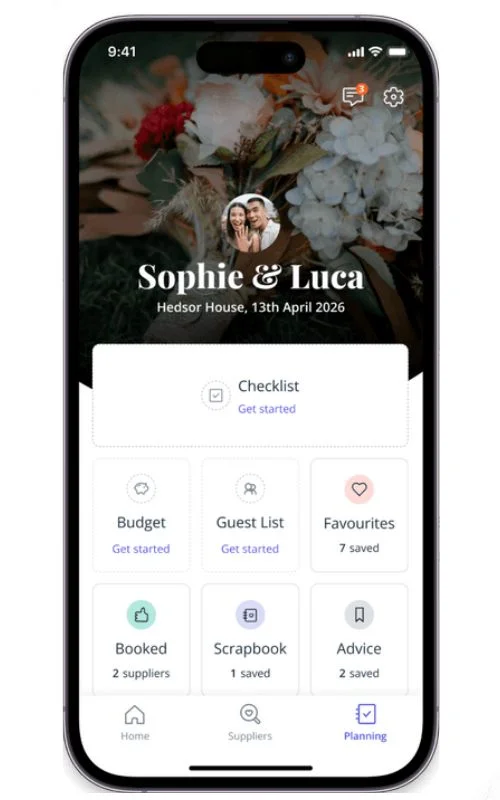 A screenshot of a wedding planning app showing the couple's names (Sophie & Luca), the wedding venue (Hedsor House), the wedding date (13th April 2026), and sections for Checklist, Budget, Guest List, Favourites, Booked, Scrapbook, and Advice.