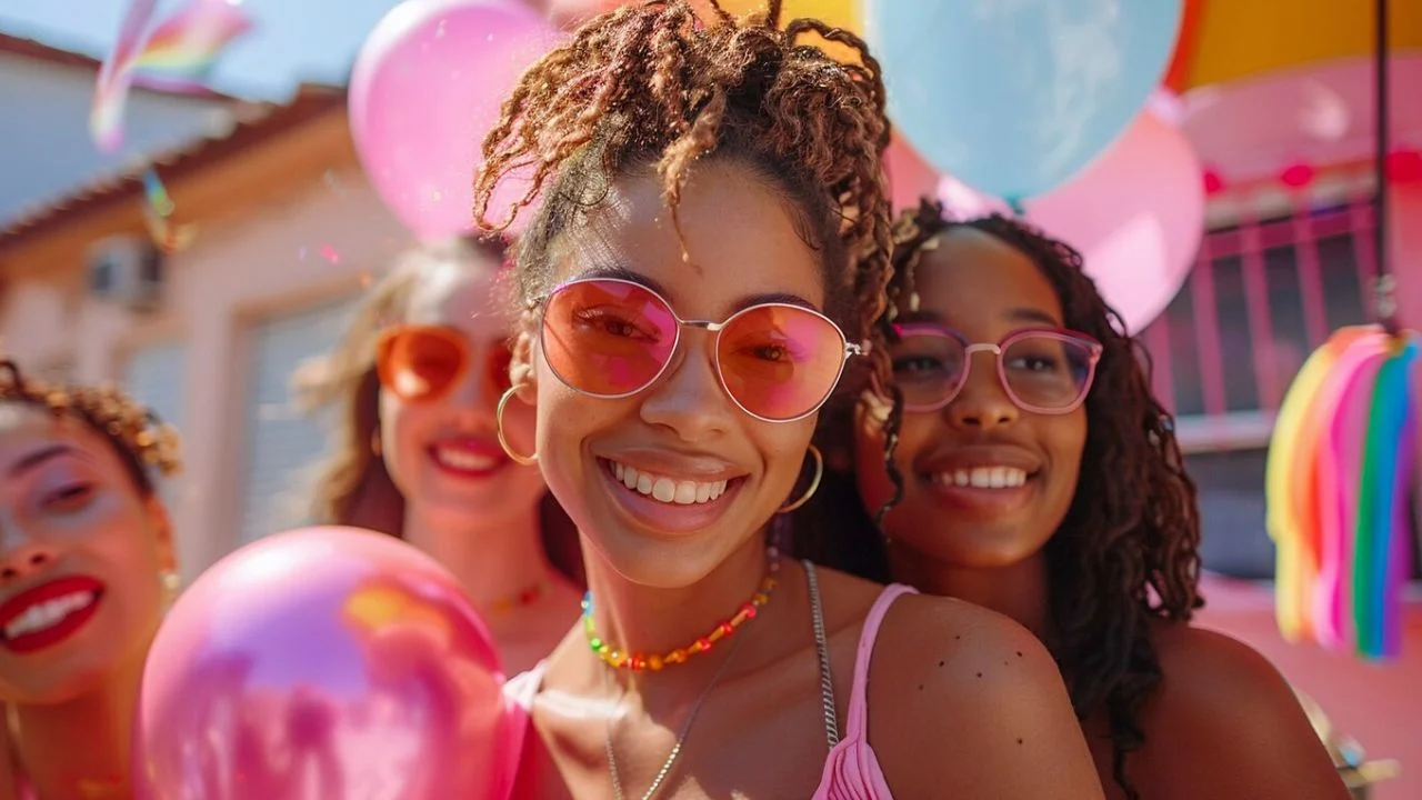 Three women with bright smiles and pink sunglasses laugh together at a festival while holding balloons. They are surrounded by vibrant colors and decorations.