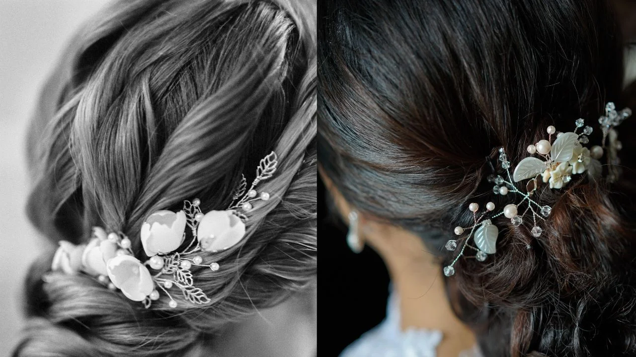 Close-up of elegant bridal hairstyles featuring crystal and rhinestone hairpins in a braided updo.