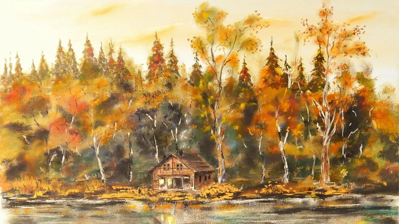 A painting of a rustic cabin nestled among colorful autumn trees, overlooking a tranquil lake.