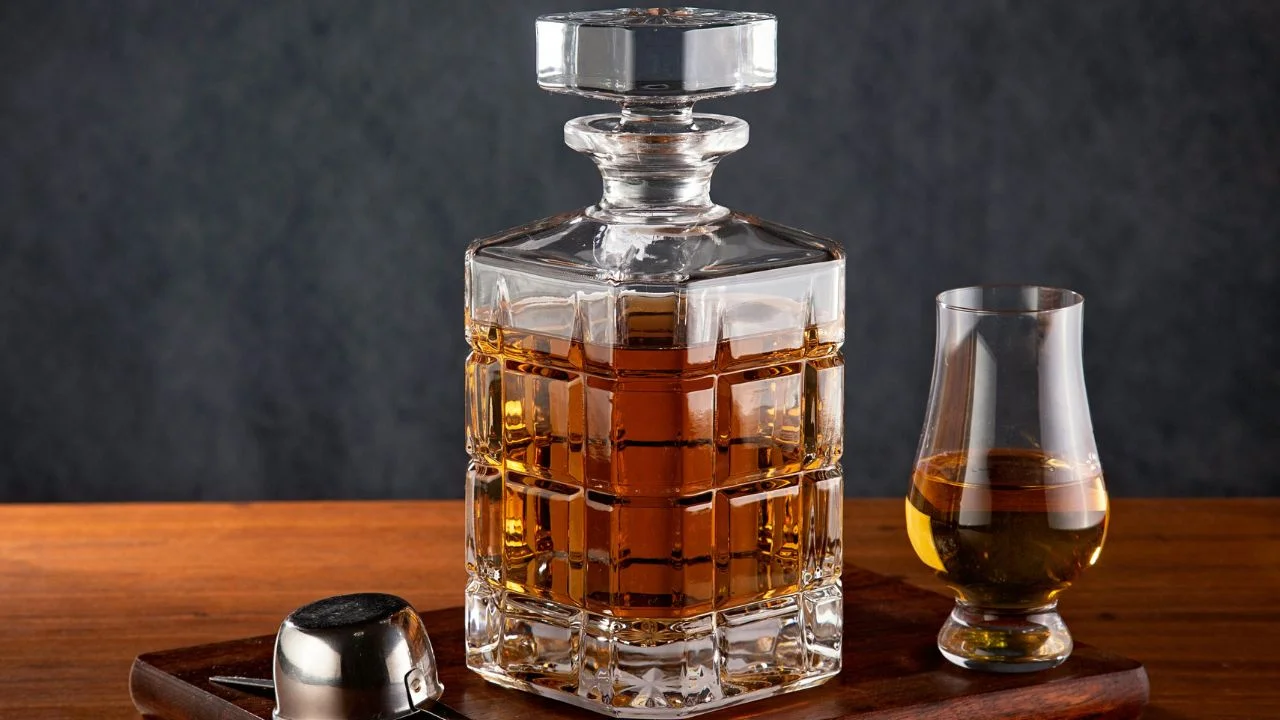 A crystal decanter filled with amber-colored whiskey sits on a wooden board. A small glass of whiskey is next to the decanter, and a metal ice scoop is also on the board.