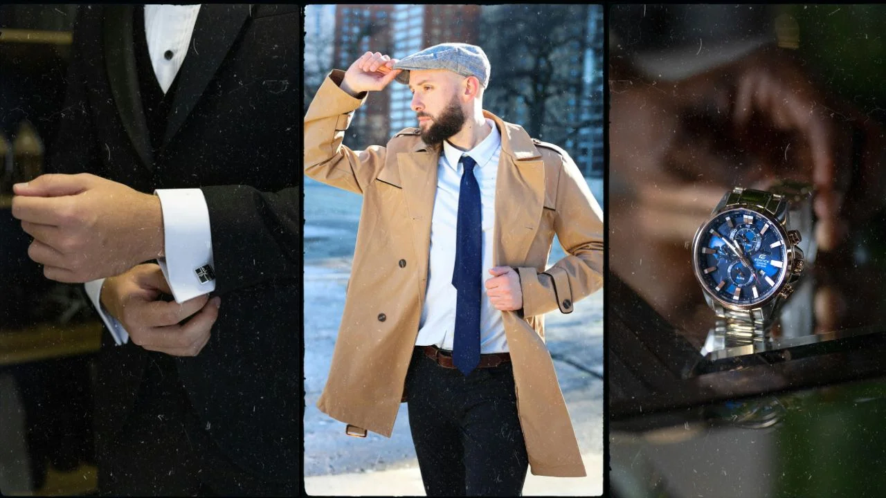 A collage showing a man adjusting his cufflinks, wearing a beige trench coat and blue tie outdoors, and showcasing a luxury wristwatch.