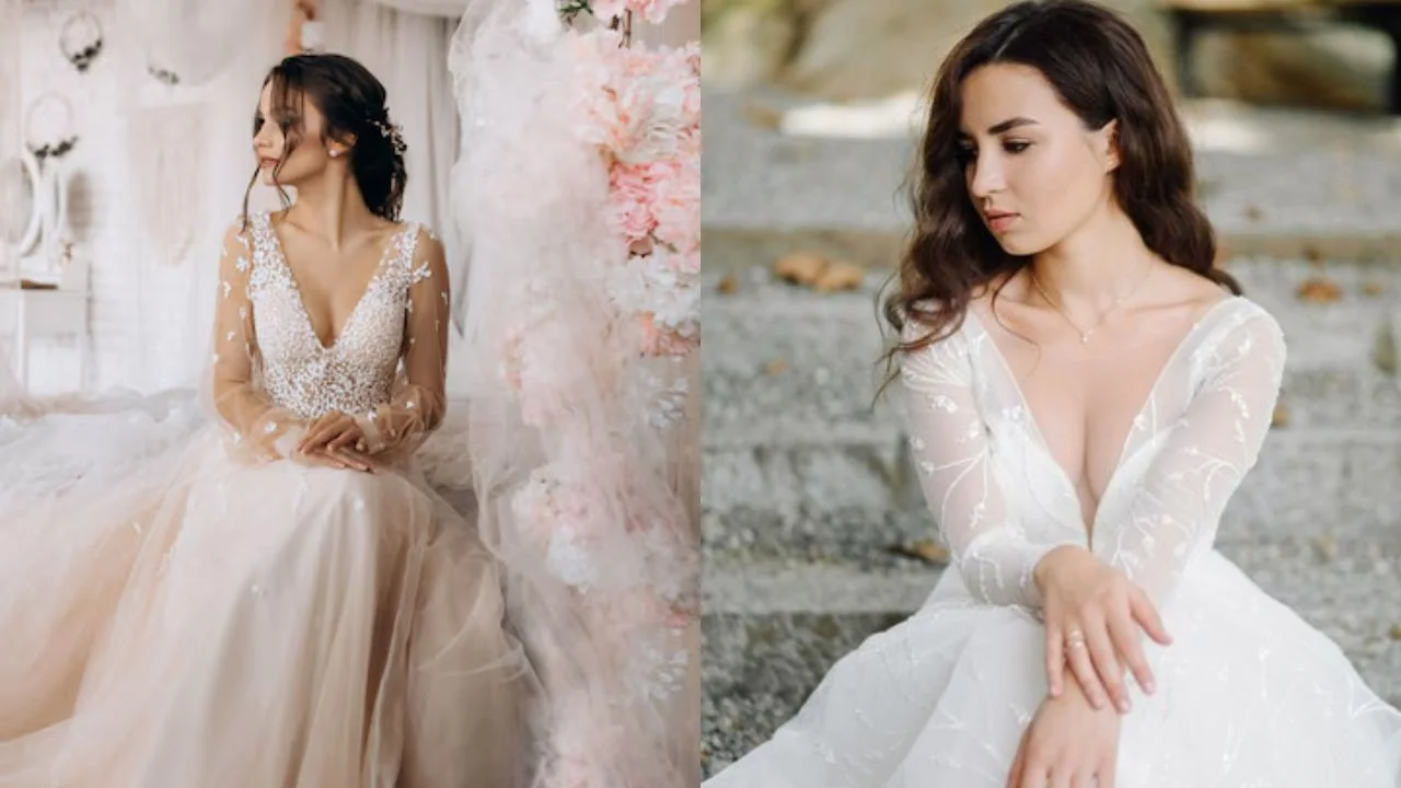 wo brides in elegant winter wedding dresses; one wears a detailed, floral-embellished gown indoors, while the other is seated outdoors in a minimalist, long-sleeved white dress.