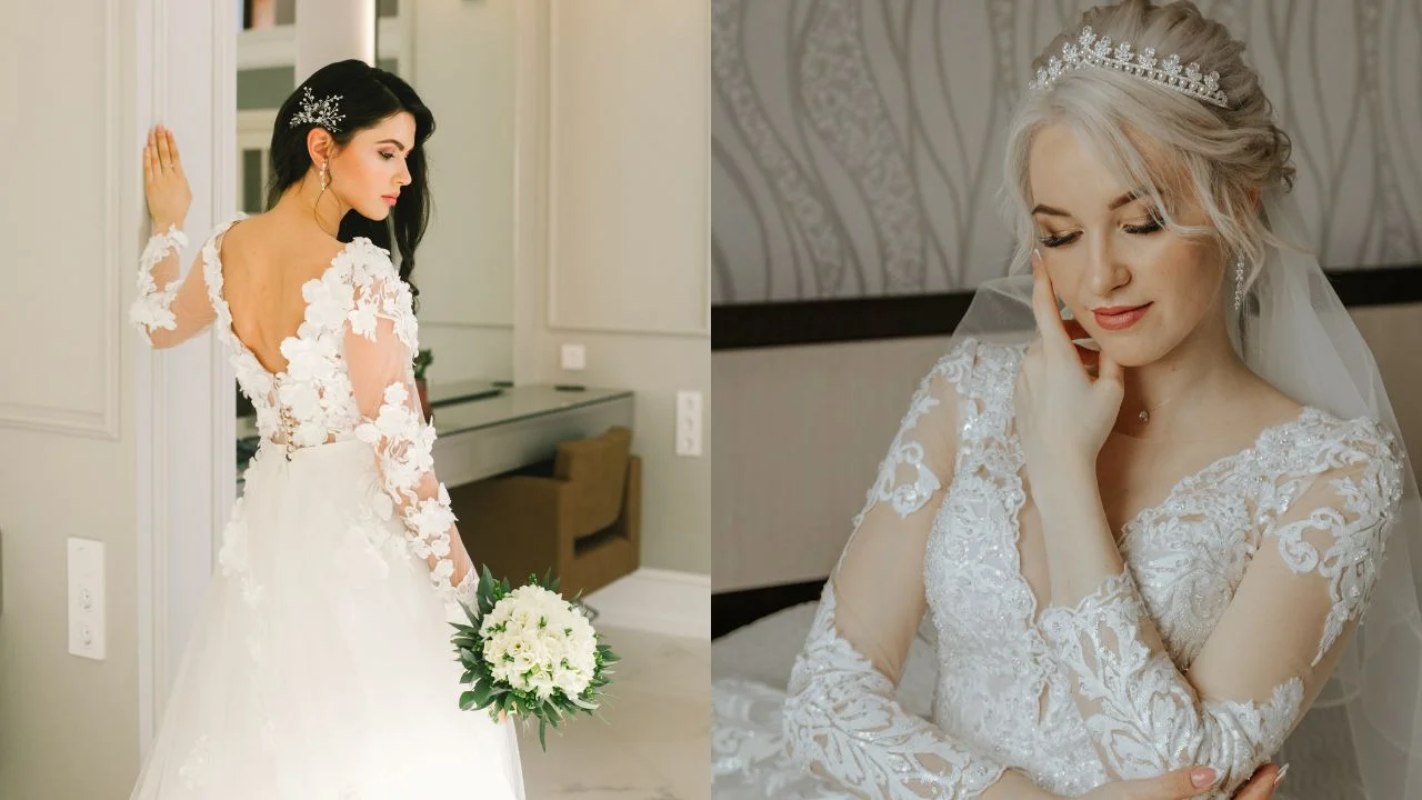 Two brides in lace bridal gowns, one with dark hair holding a bouquet, and another blonde bride wearing a tiara, posing in elegant winter wedding attire.