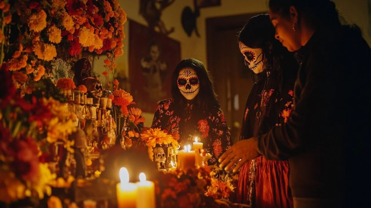 Two women dressed in traditional Day of the Dead attire stand in front of an altar adorned with flowers and candles. They are wearing sugar skulls on their faces and look solemn. The atmosphere is somber and celebratory, with the flickering candles casting warm light on the scene.