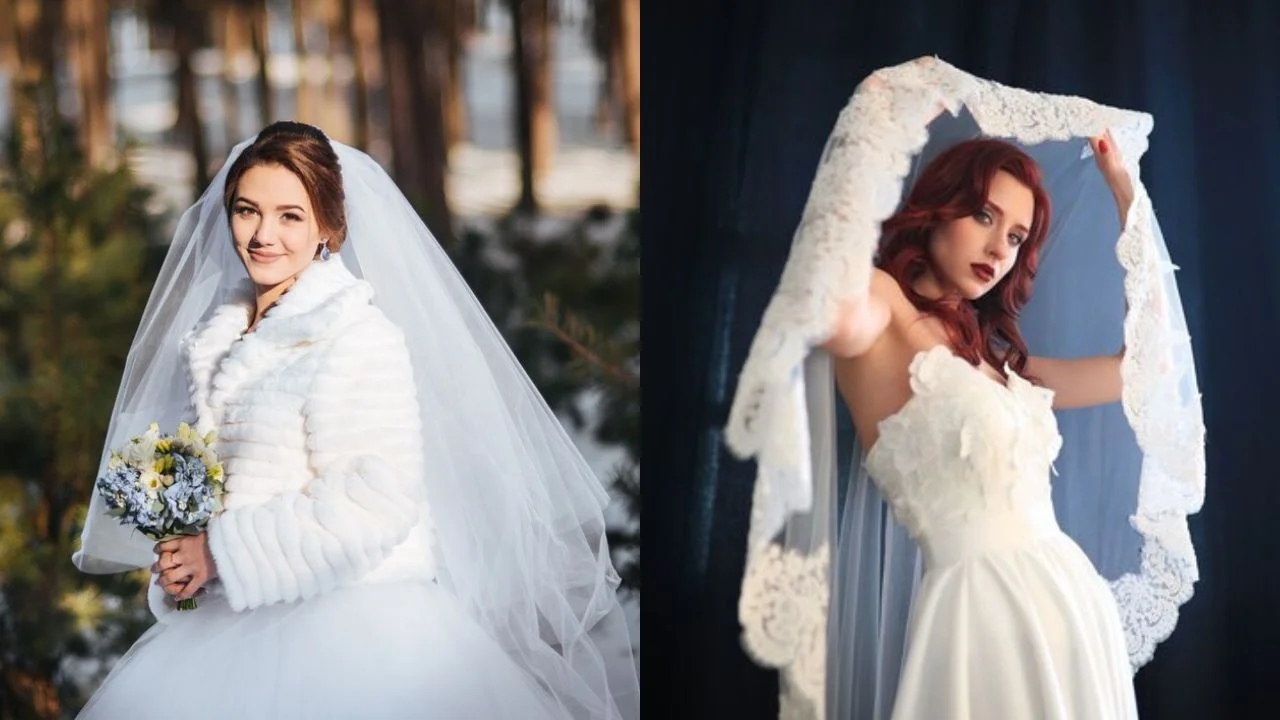 Two brides showcasing elegant wedding veil styles, with one bride wearing a fur coat outdoors and another holding a lace veil indoors.