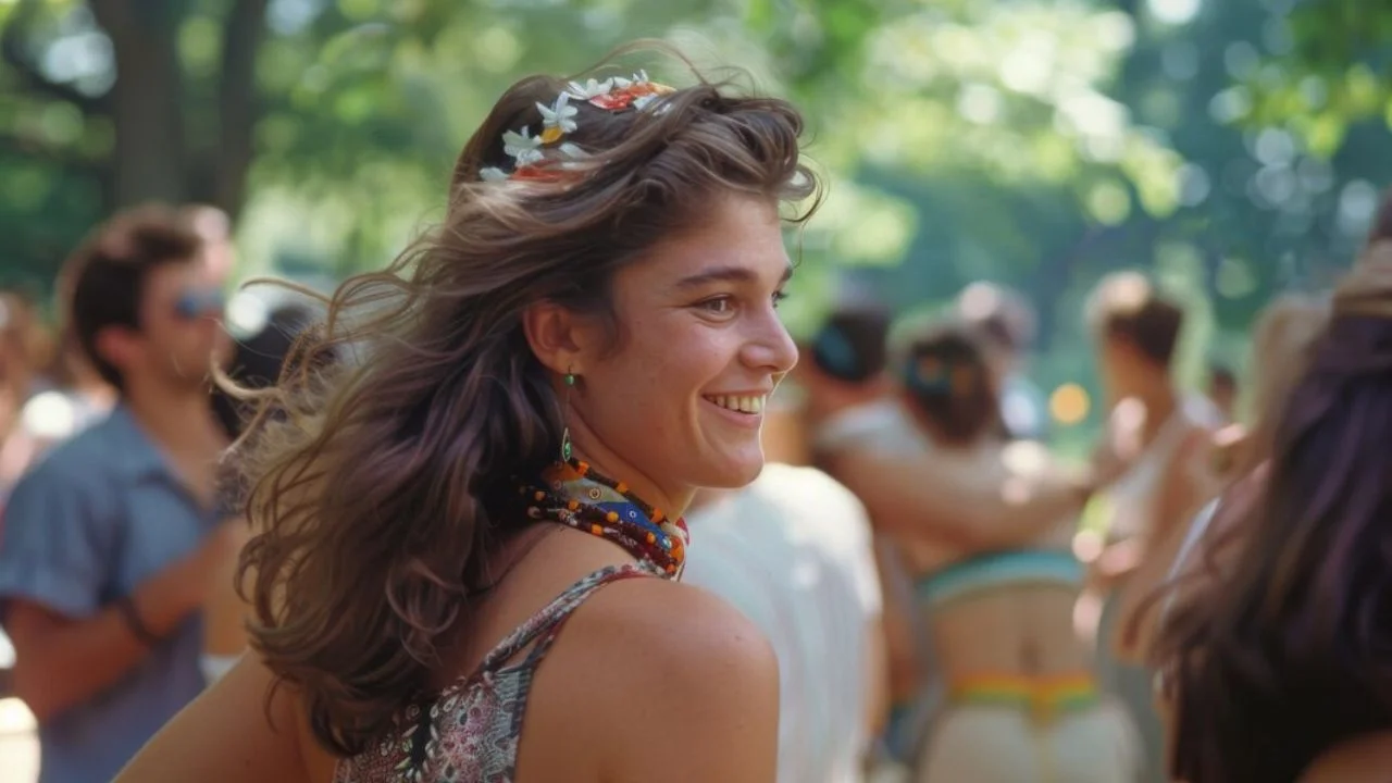 A woman with long brown hair and a floral crown smiles at the camera. She is wearing a colorful dress and has a necklace with beads around her neck.