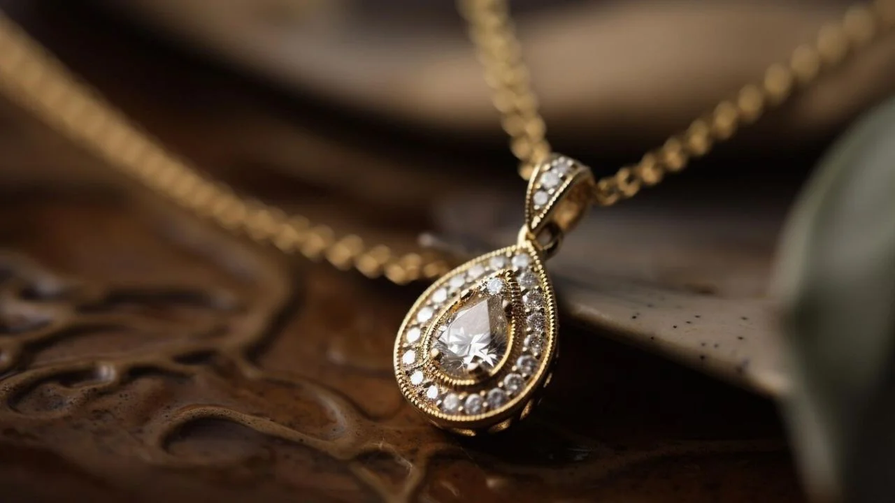 A stunning pear-shaped diamond pendant set in a gold halo, hanging from a delicate chain.