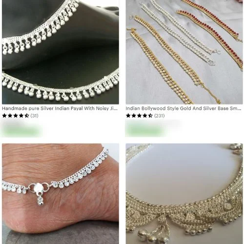 Various silver and gold anklets, including a close-up of one on a foot