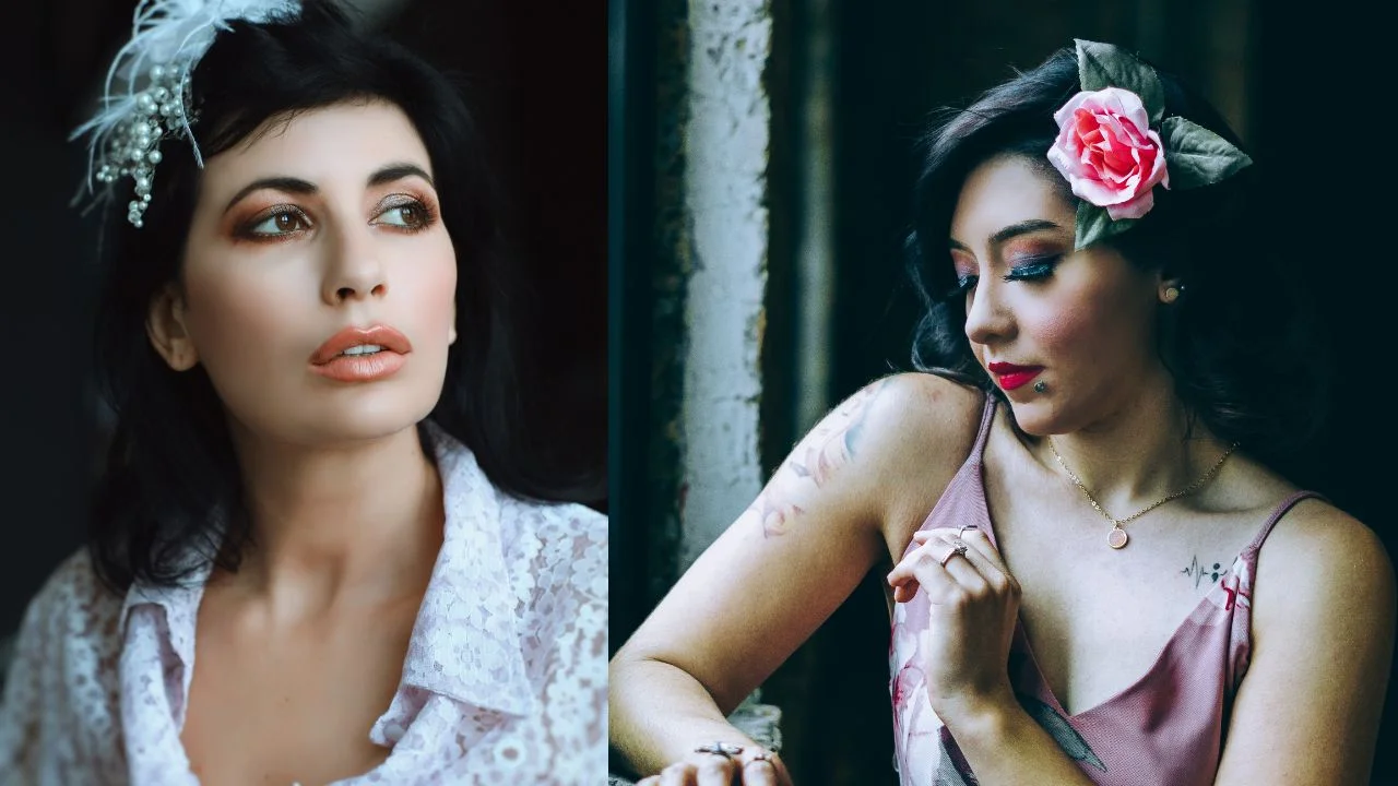 Portrait of two women wearing stylish hairpieces, one with a white feather design and the other with a pink floral accessory.