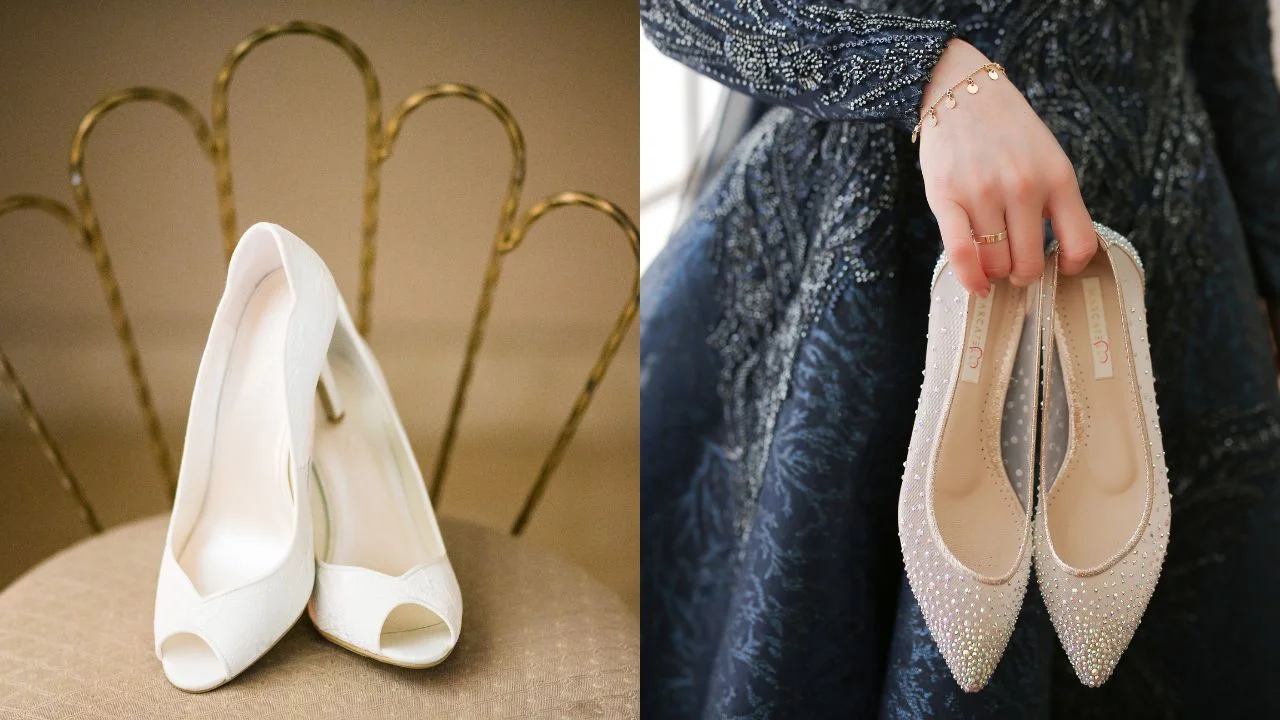 A pair of white, open-toed high heels with delicate embellishments sits on a chair. Another photo shows a bride holding the same shoes in her hand, showcasing their sparkling details.