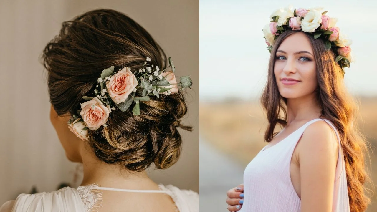 Two bridal hairstyles featuring fresh flowers: a floral updo with soft pink roses and greenery on the left, and a bohemian style flower crown with white and pink roses worn by a woman with loose, wavy hair on the right.