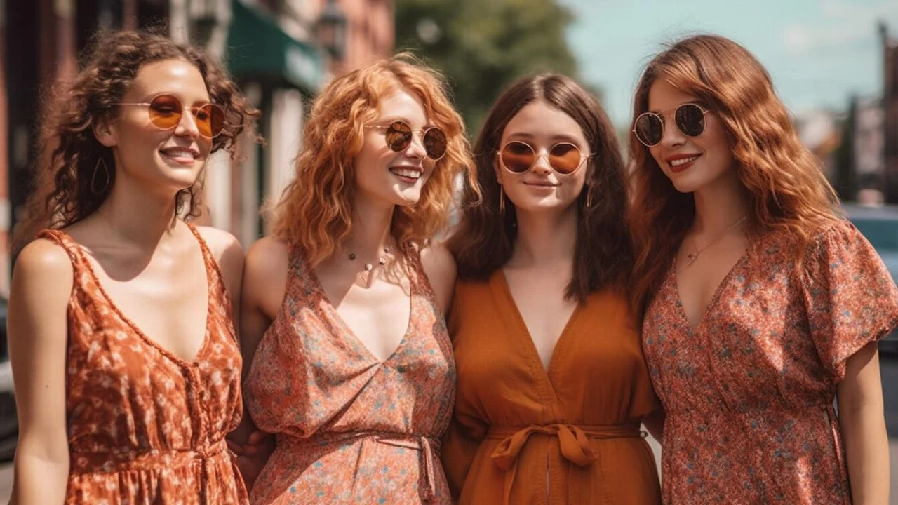 Four friends wearing sunglasses smile at each other while out on the town.