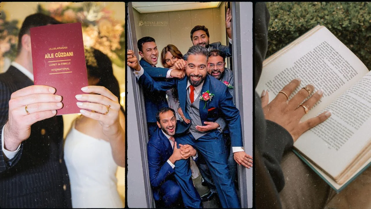 A joyful group of groomsmen in suits and a groom in a blue suit, posing playfully in a doorway, with a bride holding an international family book on the left and a person reading a book with rings on their fingers on the right.