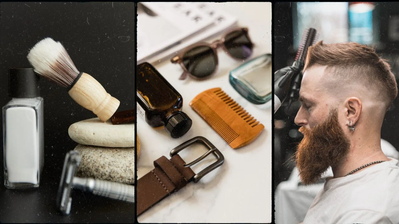 A collage showcasing a shaving brush and razor, grooming accessories like a comb, sunglasses, and belt, and a man getting a haircut with a well-groomed beard.