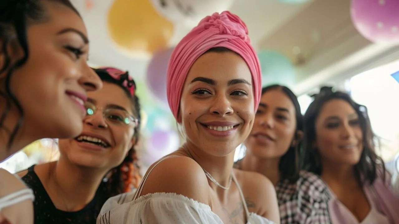 A group of women, dressed in pink and white, smile and laugh together as they celebrate the bride-to-be on her hen night. The atmosphere is lively and joyful, with balloons and decorations adding to the festive mood.