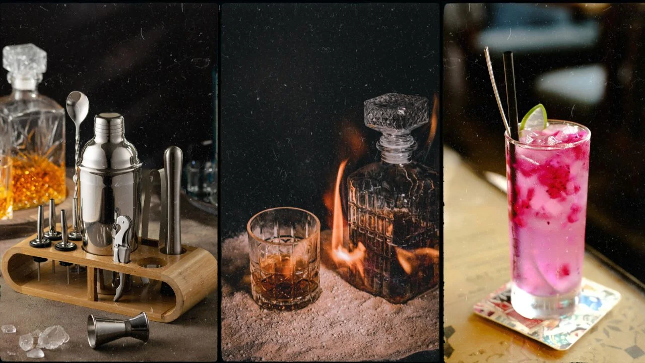 A collage of three images: a cocktail shaker set with various tools, a glass of whiskey on fire, and a colorful pink cocktail in a glass.